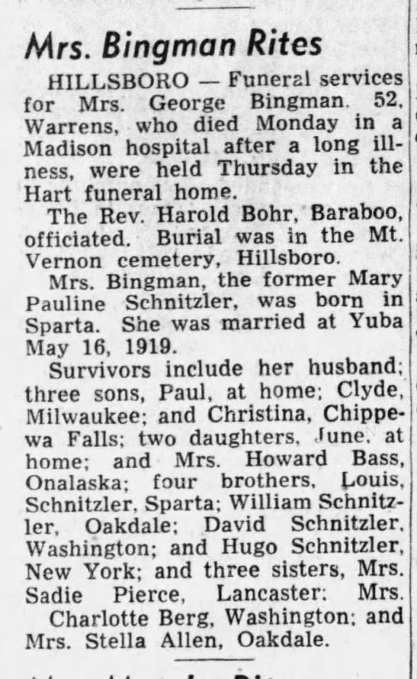 Bingman, Mrs. George. ‘Lena’. Obit 3